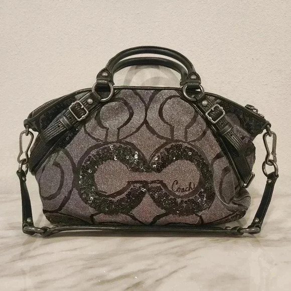 EUC Coach Madison Signature Op Art Sophia Sequin Metallic Satchel Shoulder Bag - Picture 2 of 9